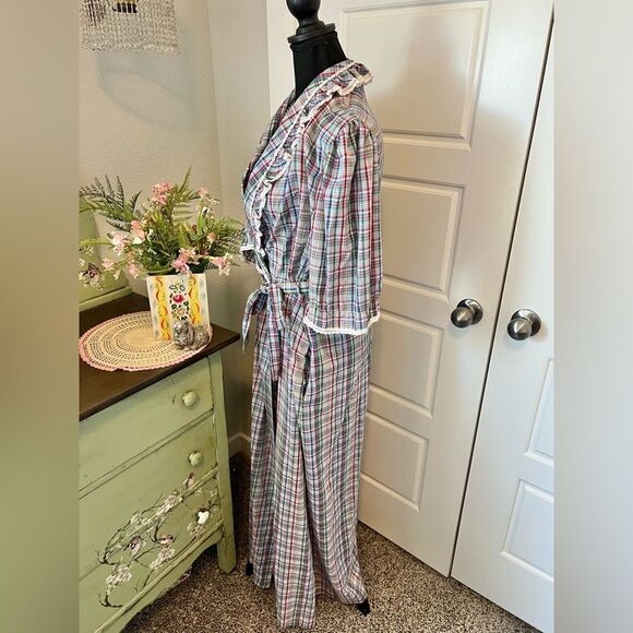 Robert Hunter Vintage 70s Rainbow Plaid Ruffle Puff Sleeve Full Length Robe O/S - Picture 7 of 12